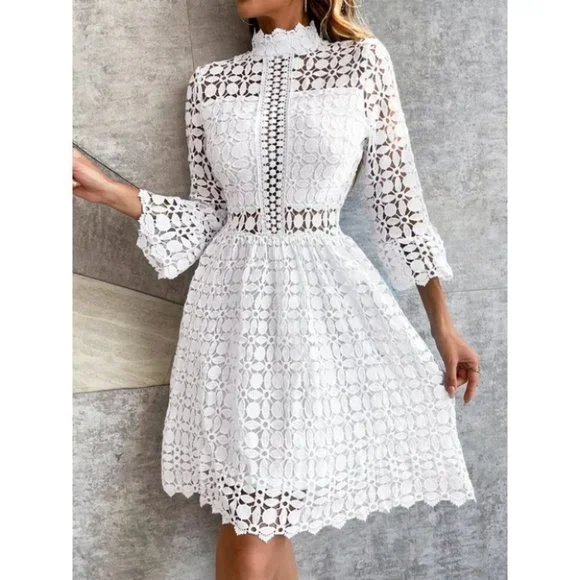 White mock neck Mesh Insert Flounce Sleeve Lace Dress - Picture 6 of 7